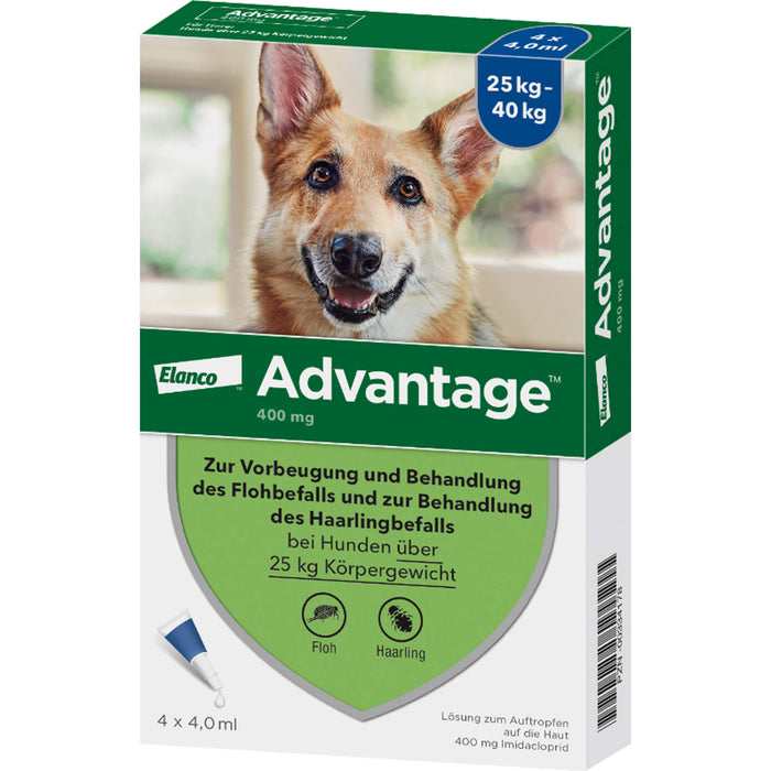 Elanco Advantage 400 bei Hunden 25 kg - 40 kg Lösung zur Vorbeugung und Behandlung des Floh- und Haarlingsbefalls, 4 pcs. Ampoules