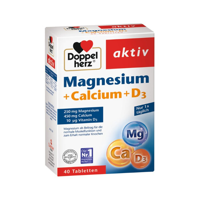 Doppelherz aktiv Magnesium + Calcium + D3 Tabletten für die Muskelfunktion und den Knochenerhalt, 40 pcs. Tablets