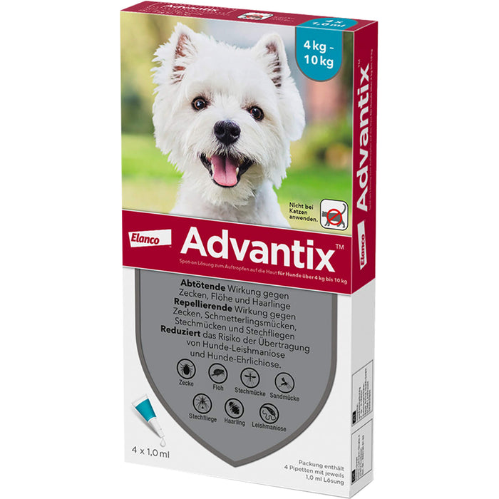Advantix Spot-On 100 für kleine Hunde von 4 bis 10 kg Körpergewicht gegen Zecken, Flöhe und fliegende Insekten, 4 pc Récipients à dose unique