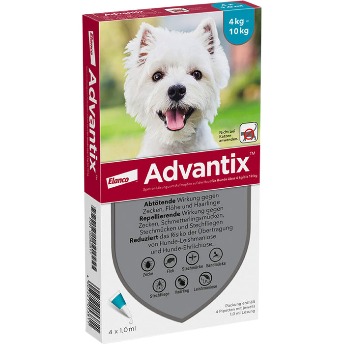 Advantix Spot-On 100 für kleine Hunde von 4 bis 10 kg Körpergewicht gegen Zecken, Flöhe und fliegende Insekten, 4 pc Récipients à dose unique