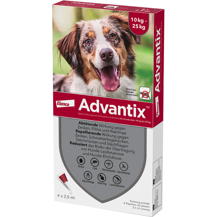 Advantix Spot-On 250 für mittelgroße Hunde von 10 bis 25 kg gegen Zecken Flöhe und fliegende Insekten, 4 pcs. Solution