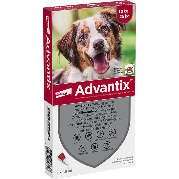 Advantix Spot-On 250 für mittelgroße Hunde von 10 bis 25 kg gegen Zecken Flöhe und fliegende Insekten, 4 pcs. Solution