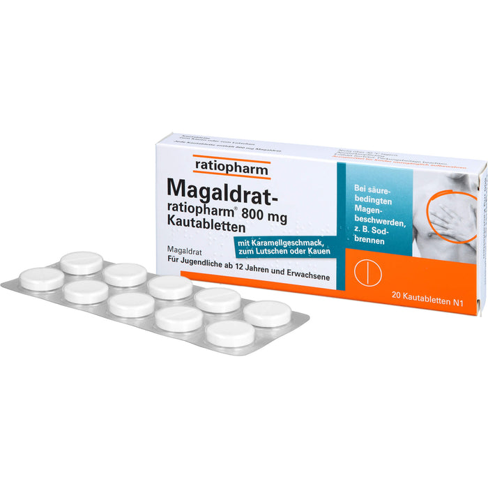 Magaldrat-ratiopharm 800 mg Kautabletten bei säurebedingten Magenschmerzen und Sodbrennen, 20 pc Tablettes