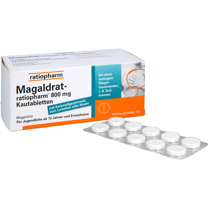 Magaldrat-ratiopharm 800 mg Kautabletten bei säurebedingten Magenbeschwerden z.B.  Sodbrennen, 100 pcs. Tablets