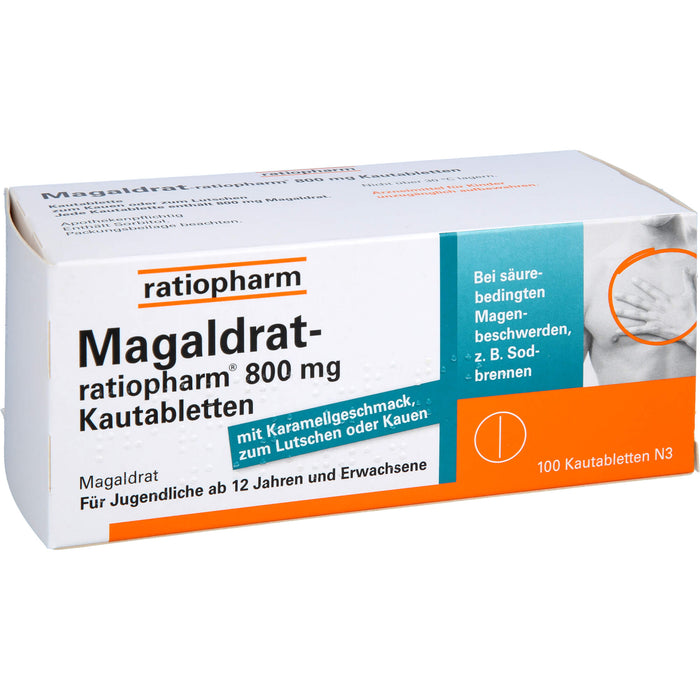 Magaldrat-ratiopharm 800 mg Kautabletten bei säurebedingten Magenbeschwerden z.B.  Sodbrennen, 100 pcs. Tablets