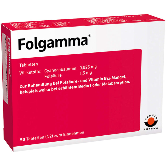Folgamma Tabletten bei Folsäure und Vitamin B12 Mangel, 50 pc Tablettes