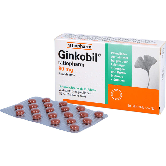 Ginkobil ratiopharm 80 mg Filmtabletten bei geistigen Leistungsstörungen und Durchblutungsstörungen, 60 St. Tabletten
