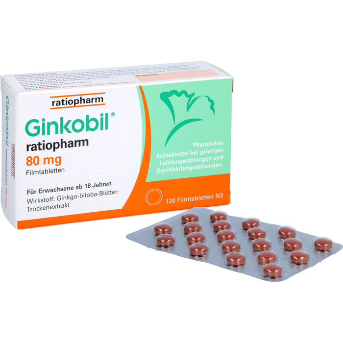 Ginkobil ratiopharm 80 mg Filmtabletten bei geistigen Leistungsstörungen und Durchblutungsstörungen, 120 pcs. Tablets