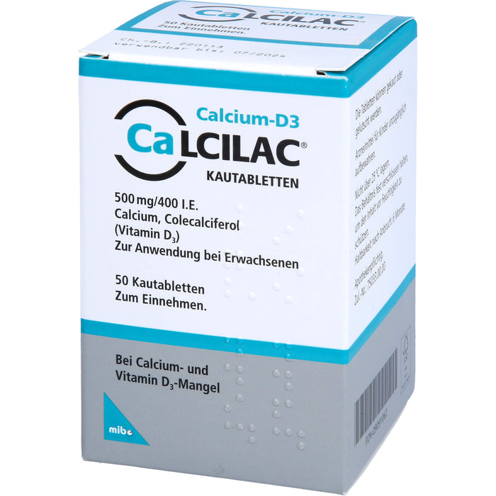Calcilac Kautabletten 500 mg/400 I.E. bei Vitamin-D- und Calcium-Mangelzuständen, 50 pcs. Tablets