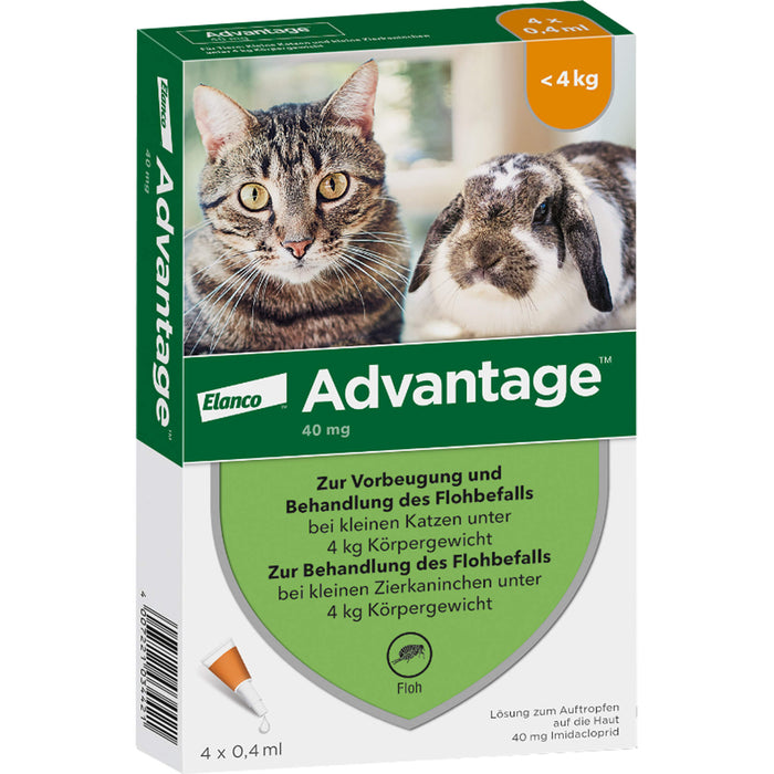 advantage 40 mg zur Vorbeugung und Behandlung des Flohbefalls bei Katzen und Zierkaninchen bis 4 kg, 4 pcs. Single dose containers