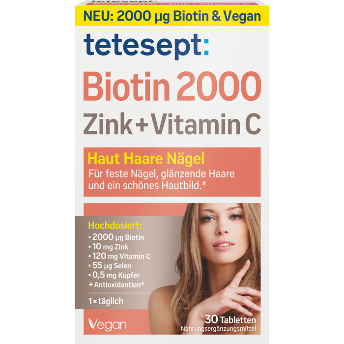 Tetesept Biotin 2000 Zink + Vitamin C Filmtabletten für Haut, Haare und Nägel, 30 St. Tabletten