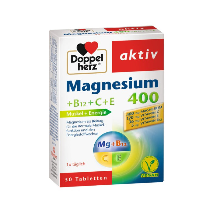 Doppelherz aktiv Magnesium 400 + B12 + C + E Tabletten für den Energiestoffwechsel und die Muskelfunktion, 30 pcs. Tablets