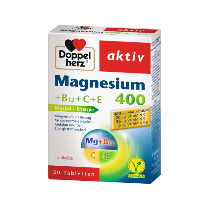 Doppelherz aktiv Magnesium 400 + B12 + C + E Tabletten für den Energiestoffwechsel und die Muskelfunktion, 30 pcs. Tablets