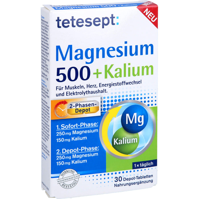 Tetesept Magnesium 500 + Kalium Depot-Tabletten für Muskeln, Herz, Energiestoffwechsel und Elektrolythaushalt, 30 St. Tabletten