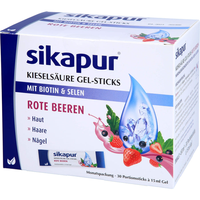 Sikapur Kieselsäure Gel-Sticks mit Biotin und Selen mit Rote Beeren-Geschmack für Haut, Haare und Nägel, 30 pc Bâtonnets