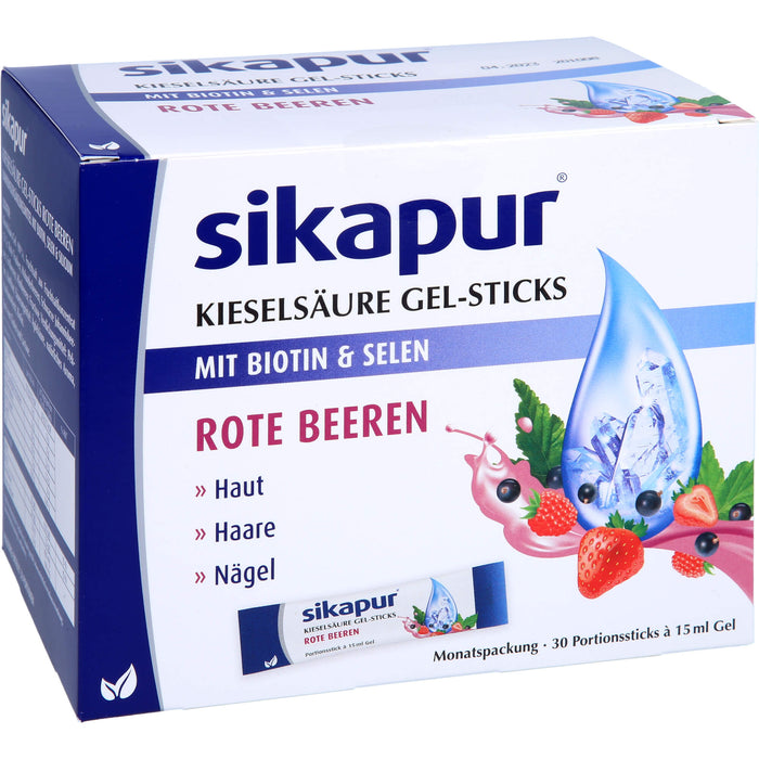 Sikapur Kieselsäure Gel-Sticks mit Biotin und Selen mit Rote Beeren-Geschmack für Haut, Haare und Nägel, 30 pc Bâtonnets