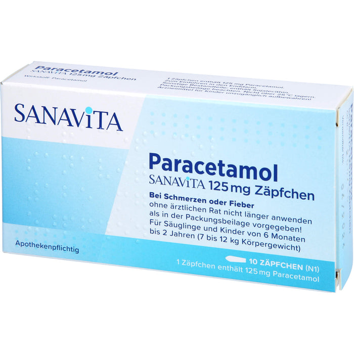 Paracetamol SANAVITA 125 mg Zäpfchen - für Säuglinge ab 6 Monate und Kleinkinder bis 2 Jahre (7 bis 12 kg Körpergewicht), 10 St. Zäpfchen