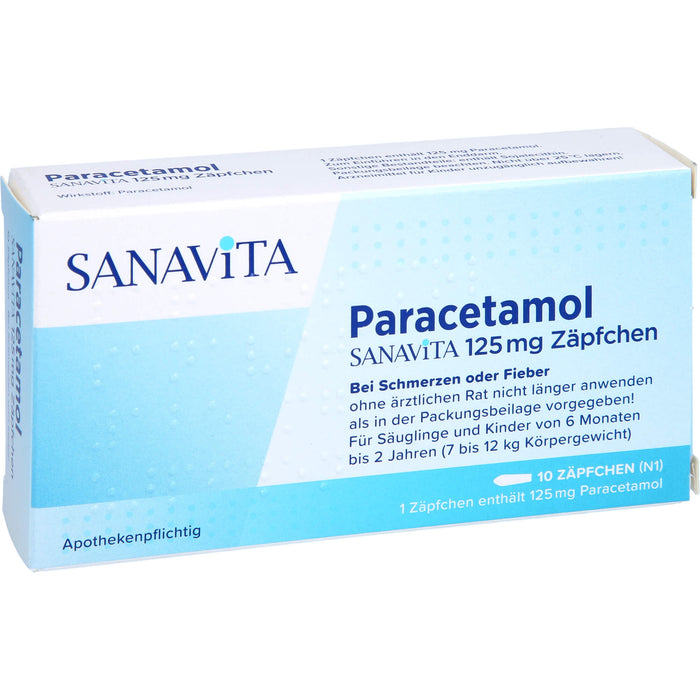 Paracetamol SANAVITA 125 mg Zäpfchen - für Säuglinge ab 6 Monate und Kleinkinder bis 2 Jahre (7 bis 12 kg Körpergewicht), 10 St. Zäpfchen