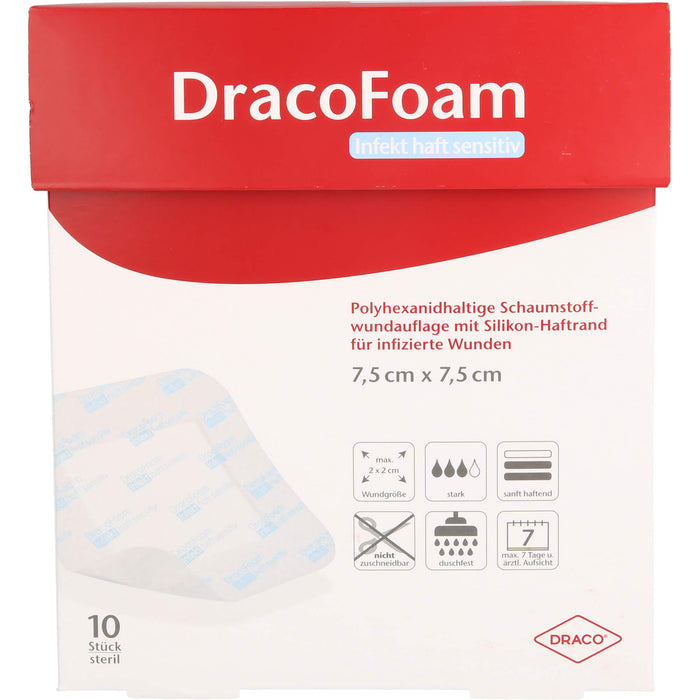 DracoFoam Infekt haft sensitiv 7,5 x 7,5 cm Schaumstoffwundauflage mit Silikon-Haftrand, 10 St. Wundauflagen