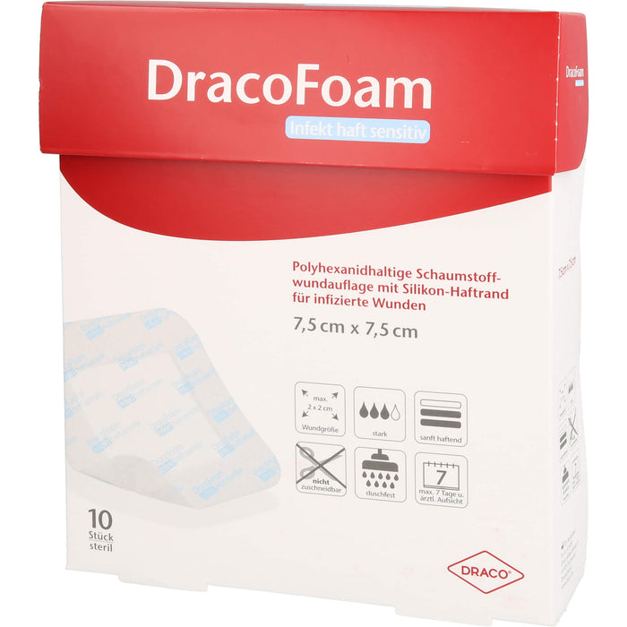 DracoFoam Infekt haft sensitiv 7,5 x 7,5 cm Schaumstoffwundauflage mit Silikon-Haftrand, 10 St. Wundauflagen