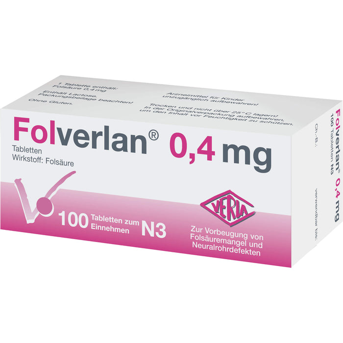 Folverlan 0,4 mg Tabletten zur Vorbeugung von Folsäuremangel, 100 pc Tablettes