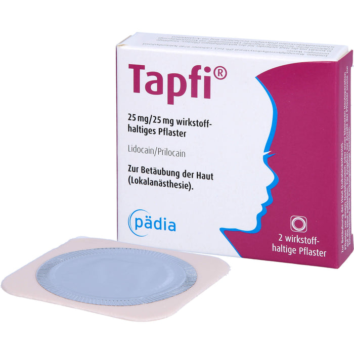 Tapfi 25 mg / 25 mg Lidocain / Prilocain wirkstoffhaltiges Pflaster zur präventiven Schmerzreduktion, 2 St. Pflaster