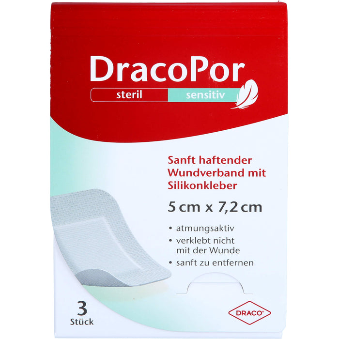 DracoPor sensitiv 5 x 7,2 cm steril sanft haftender Wundverband mit Silikonkleber, 3 St. Verband