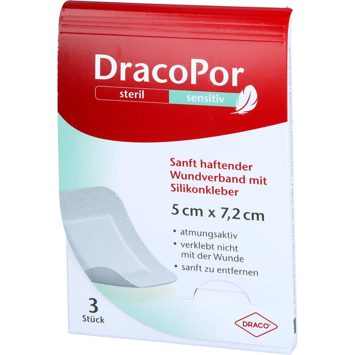 DracoPor sensitiv 5 x 7,2 cm steril sanft haftender Wundverband mit Silikonkleber, 3 St. Verband