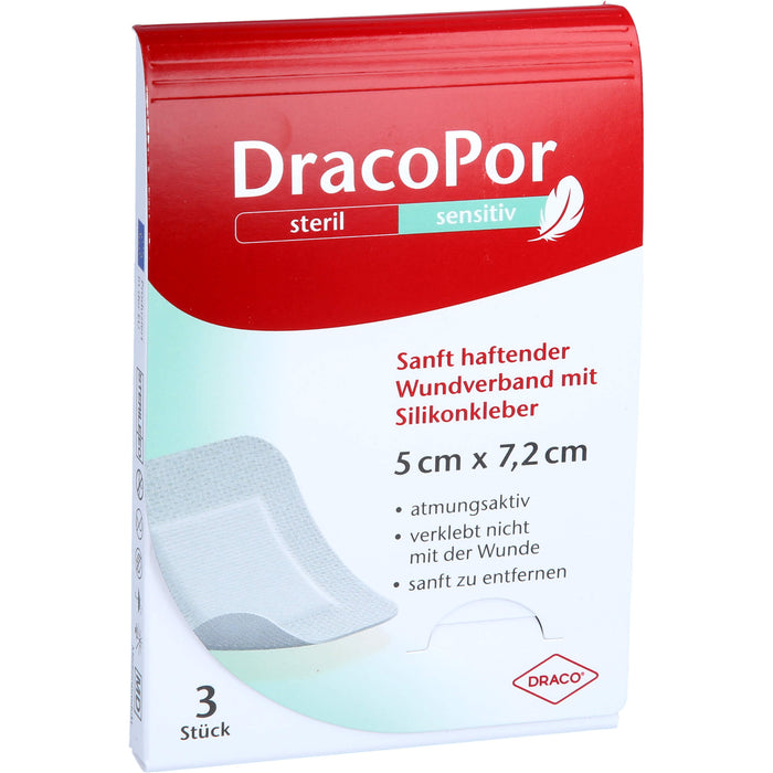 DracoPor sensitiv 5 x 7,2 cm steril sanft haftender Wundverband mit Silikonkleber, 3 St. Verband