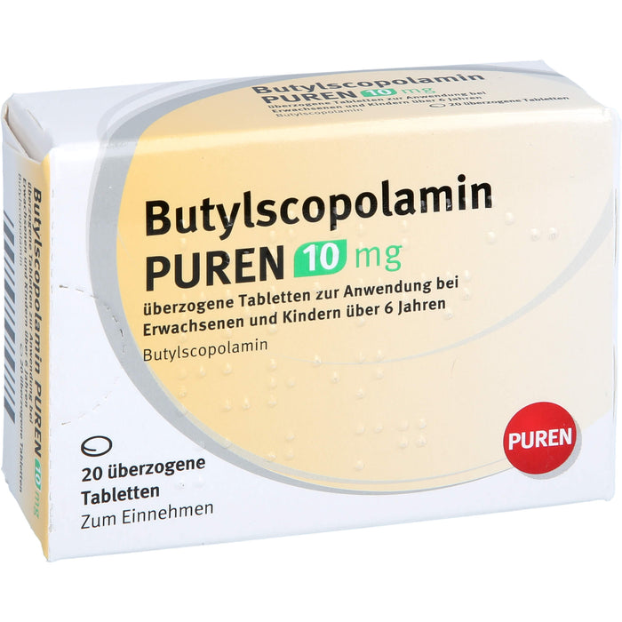 PUREN Butylscopolamin 10 mg Tabletten zur Linderung von Krämpfen in den Muskeln von Magen und Darm, 20 pc Tablettes