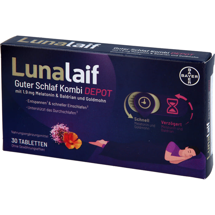 Lunalaif Guter Schlaf Kombi Depot Tabletten mit 1,9 mg Melatonin, Baldrian und Goldmohn, 30 St. Tabletten