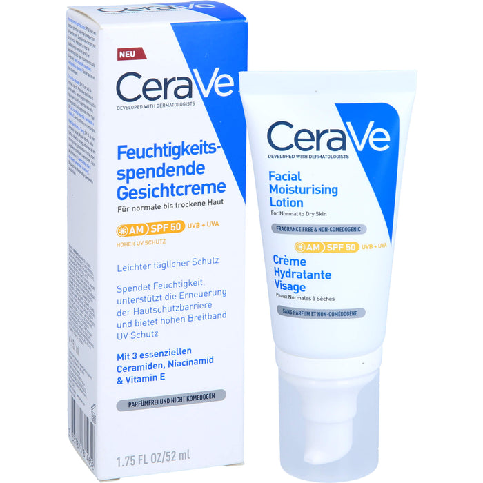 CeraVe feuchtigkeitsspendende Gesichtscreme mit LSF 50 für normale bis trockene Haut, 52 ml Crème