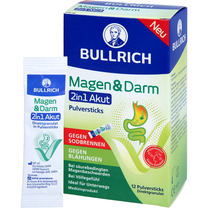 BULLRICH Magen und Darm 2in1 Akut Pulversticks gegen Sodbrennen und gegen Blähungen, 12 St. Sticks