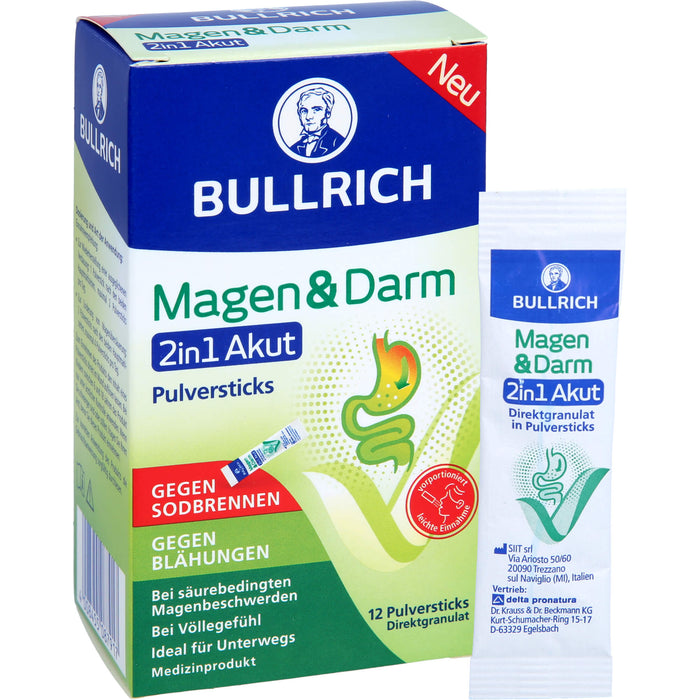 BULLRICH Magen und Darm 2in1 Akut Pulversticks gegen Sodbrennen und gegen Blähungen, 12 pc Bâtonnets