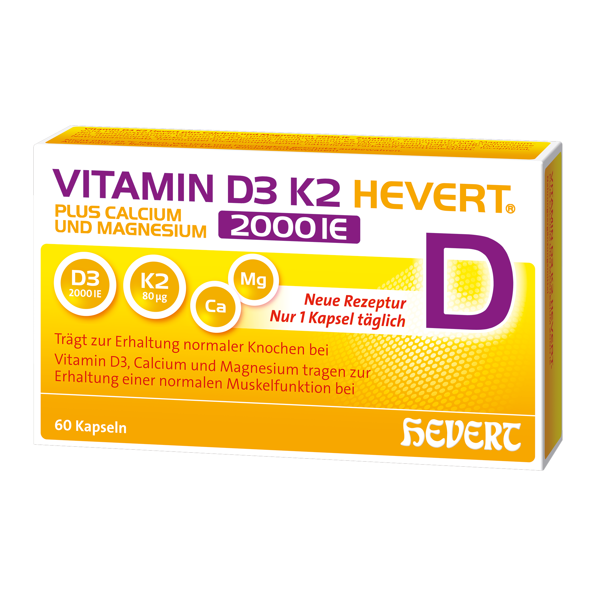 Vitamin D3 K2 Hevert plus Calcium und Magnesium 2000 IE, 60 St. Kapseln Hevert-Testen