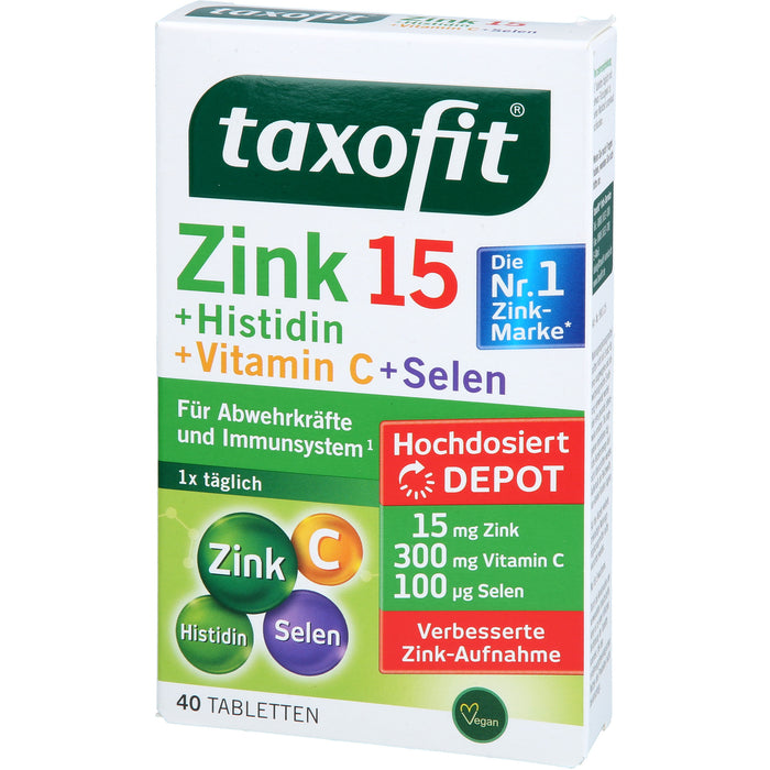 Taxofit Zink + Histidin + Vitamin C + Selen Depot Tabletten für Abwehrkräfte und Immunsystem, 40 pcs. Tablets
