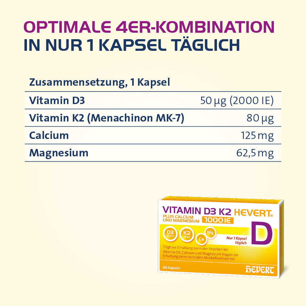 Vitamin D3 K2 Hevert plus Calcium und Magnesium 1.000 I.E. mit 4-fach Osteo-Formel für gesunde Knochen und Muskeln, 60 St. Kapseln