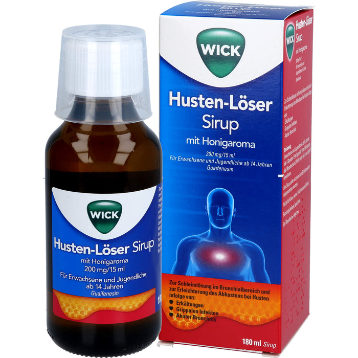 WICK Husten-Löser Sirup mit Honigaroma mit Guaifenesin zur Linderung von produktivem Husten, 180 ml Solution
