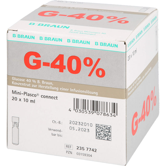 Glucose 40 % B. Braun Konzentrat zur Herstellung einer Infusionslösung, Mini Plasco connect 10 ml, 200 ml Solution