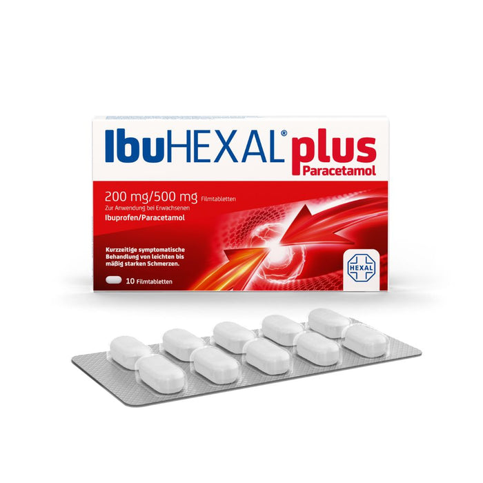 IbuHEXAL plus Paracetamol 200 mg / 500 mg  Filmtabletten bei leichten bis mäßig starken Schmerzen, 10 pcs. Tablets