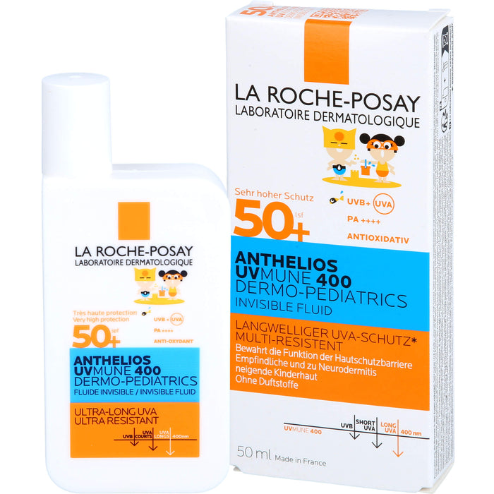 La Roche-Posay Anthelios UV MUNE 400 Dermo-Pediatrics Invisible Fluid LSF 50+ für die empfindliche, zu Neurodermitis neigende Kinderhaut, 50 ml Solution
