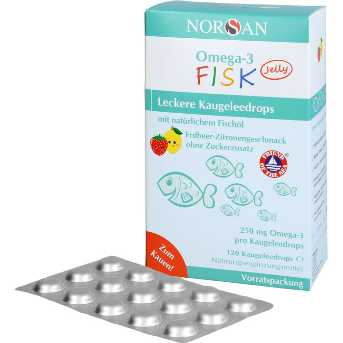 NORSAN Omega-3 FISK Jelly - für Kinder leckere Kaugeleedrops mit Erdbeer-Zitronengeschmack, 120 pc Bonbons de gomme