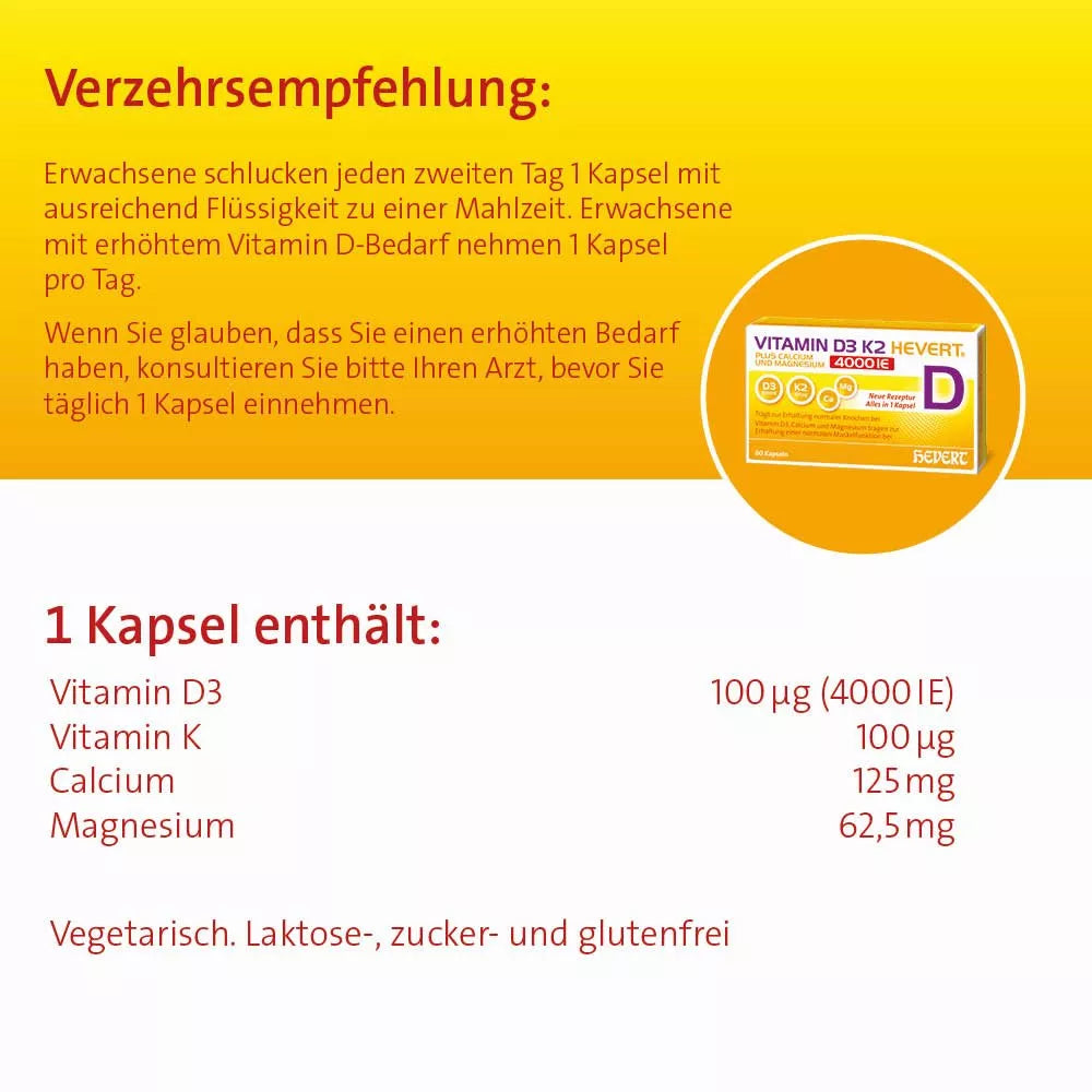 Vitamin D3 K2 Hevert® plus Calcium und Magnesium 4000 IE, 60 St. Kapseln