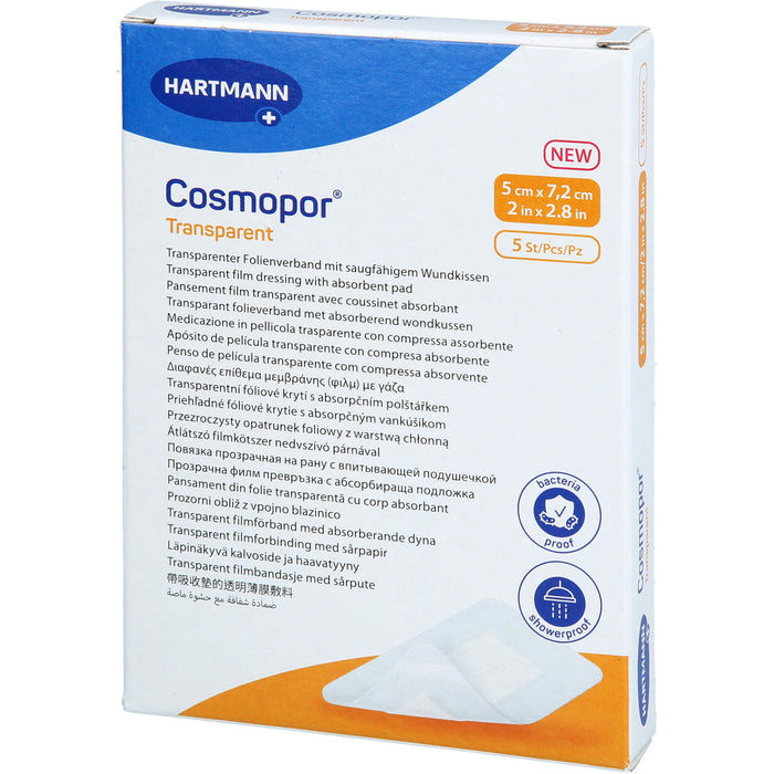 Cosmopor transparenter Folienverband mit saugfähigem Wundkissen 5 x 7,2 cm steril, 5 pcs. dressing