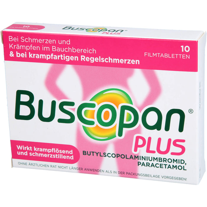 Buscopan plus 10 mg Butylscopolamin & 500 mg Paracetamol Filmtabletten bei Schmerzen und Krämpfen im Bauchbereich, 10 pc Tablettes