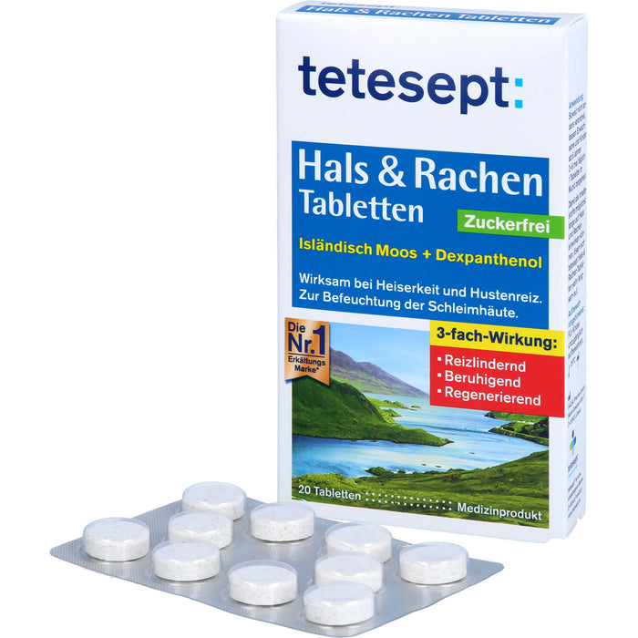 Tetesept Hals & Rachen Tabletten zuckerfrei zur Befeuchtung der Schleimhäute, 20 St. Tabletten