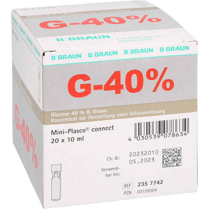 Glucose 40 % B. Braun Konzentrat zur Herstellung einer Infusionslösung, Mini Plasco connect 10 ml, 200 ml Solution