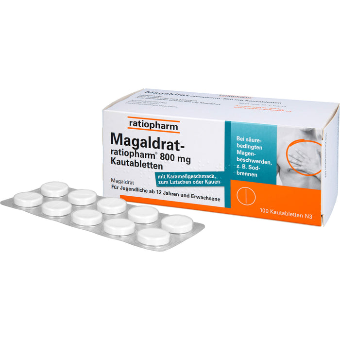 Magaldrat-ratiopharm 800 mg Kautabletten bei säurebedingten Magenbeschwerden z.B.  Sodbrennen, 100 pcs. Tablets
