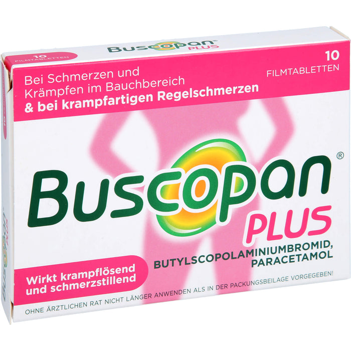 Buscopan plus 10 mg Butylscopolamin & 500 mg Paracetamol Filmtabletten bei Schmerzen und Krämpfen im Bauchbereich, 10 pc Tablettes