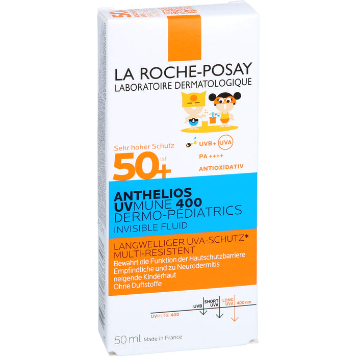 La Roche-Posay Anthelios UV MUNE 400 Dermo-Pediatrics Invisible Fluid LSF 50+ für die empfindliche, zu Neurodermitis neigende Kinderhaut, 50 ml Solution